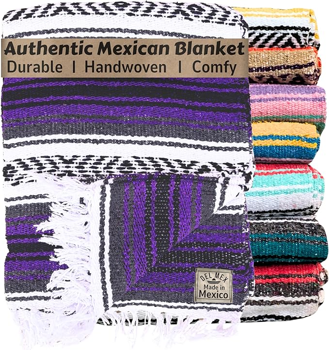 Del Mex Classic Mexican Blanket Large Authentic Woven Falsa Throw (70x50) Artisan Southwest Décor for Beach Yoga Outdoors (Purple)