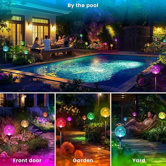 GIGALUMI Solar Garden Lights 6 Pack Outdoor Solar Lights for Yard Decorative Christmas Lights Outdoor Decorations Waterproof Multi-Colored Changing Garden Globes Cracked Glass Ball with LED Lights