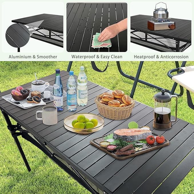 Large Folding Camping Table Aluminum with Storage for 4-6 People 55X27.5 Roll Up Tall Outdoor Portable Table Lightweight with Carry Bag for Picnic BBQ Backyard Beach