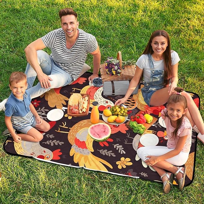 Zipper Cute Rooster Chickens Style Picnic Mat Suitable for Travel Camping Park Or Home Use