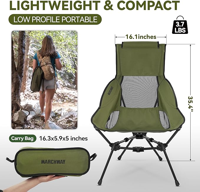 MARCHWAY Lightweight Folding High Back Camping Chair with Head Support Stable Portable Compact for Outdoor Camp Travel Beach Picnic Festival Hiking Backpacking (Highback Green)