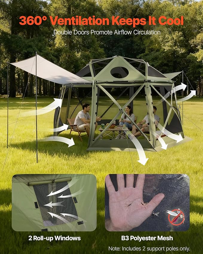 VEVOR Pop up Gazebo Screen Tent 13 x 13 ft 13-Sided Spherical Camping Canopy Tent with Removable Top &amp Carry Bag Quick-Set &amp Bite-Proof Screen House Sun Shelter for 10-12 Persons Green