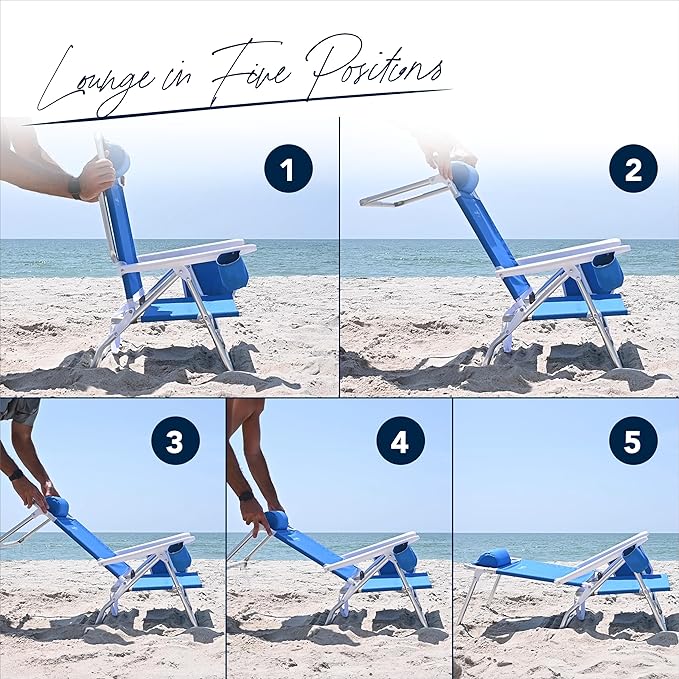 Caribbean Joe Folding Beach Chair 5 Position Lightweight Portable Reclining Outdoor Camping Chair with Headrest Shoulder Strap and Cup Holder Mint