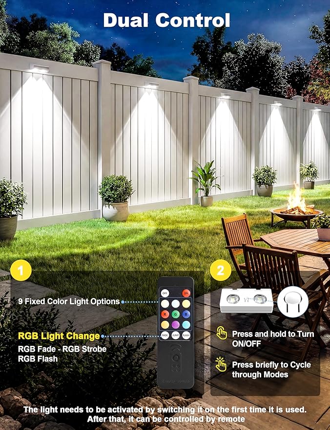 Fence Lights Solar Powered with Remote 9 Fixed Colors ＆ Color Changing White Fence Lights Waterproof IP65 Dusk-to-Dawn LED Deck Lighting for Patio Railing Pool Porch Backyard 12 Pack