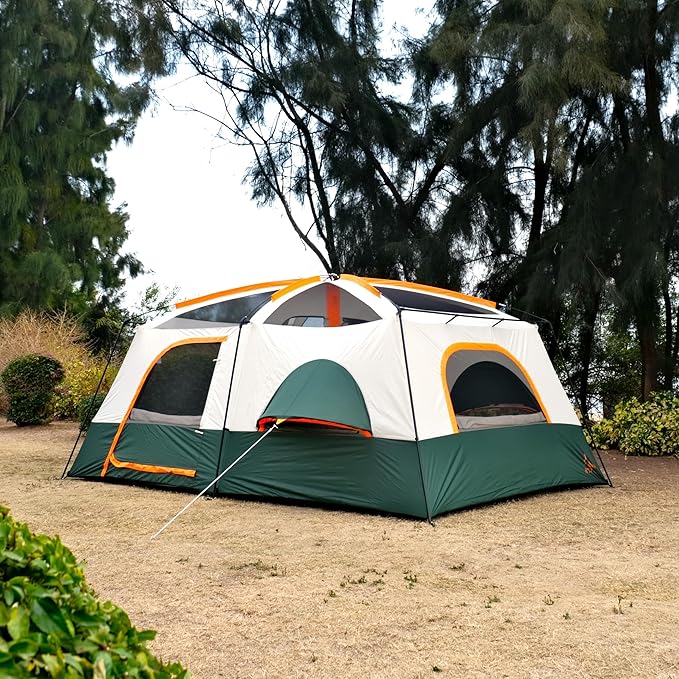 KTT Extra Large Tent 10-12-14 Person(B)Family Cabin Tents2 Rooms3 Doors and 3 Windows with MeshStraight WallWaterproofDouble LayerBig Tent for OutdoorPicnicCampingFamily Gathering