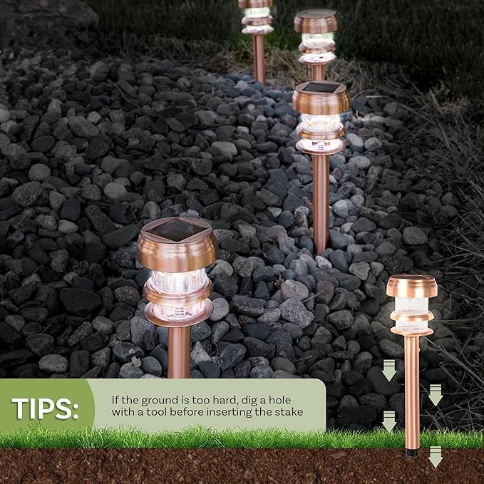 Outdoor Solar Lights - 4-Pack Stainless-Steel LED Lights for Gardens Pathways and Patios - Weather-Resistant Stake Lighting by Pure Garden (Copper)