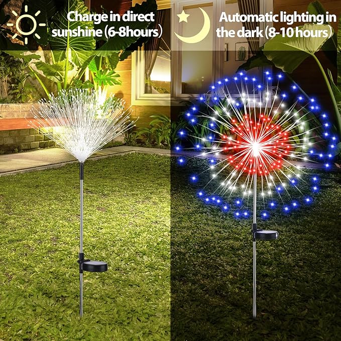 4th of July Decorations Outdoor 4 Pack Colored Solar Firework Lights with 180 LED Patriotic Solar Lights 8 Lighting Modes for Yard Pathway Garden Patio Party Decorations(Red White Blue)