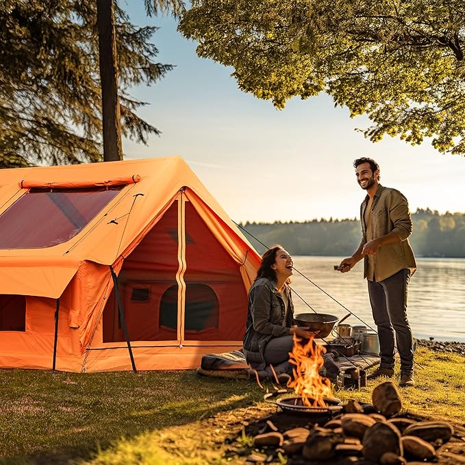 2026 Upgraded Inflatable Tents for Camping 6-8 Person Blow Up Tent with TPU Skylight Mesh Windows Stove Jack &amp Pump Easy Setup 4 Season Large Inflatable Tent Waterproof &amp Windproof