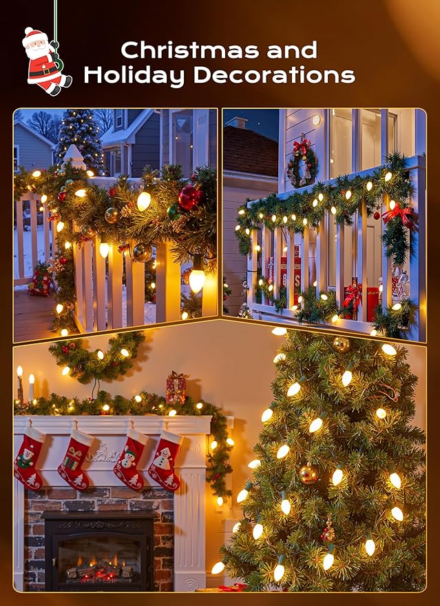 Brightown C9 LED Christmas Lights Outdoor 50 FT 50 Warm White Connectable C9 String Lights for Christmas Tree Patio Roofline Garden Backyard Holiday Party Indoor Outdoor Decoration Green Wire