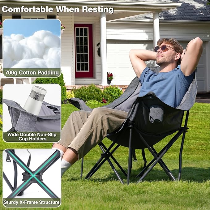 2 Pack Oversized Camping Chair Portable Folding Padded Camp Chairs with Side Pocket Cup Holder Heavy Duty Support 500LBS Outdoor Lounge Chair for Adults Fishing Sports Trip Grey