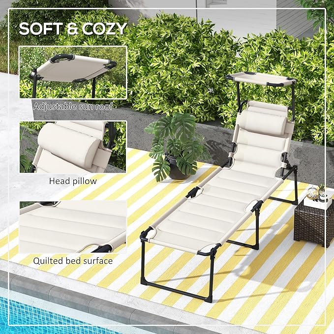 2 Pcs Outdoor Lounge Chair Adjustable Backrest Folding Chaise Lounge Cushioned Tanning Chair w Sunshade Roof Pillow Headrest for Beach Camping Hiking Cream White