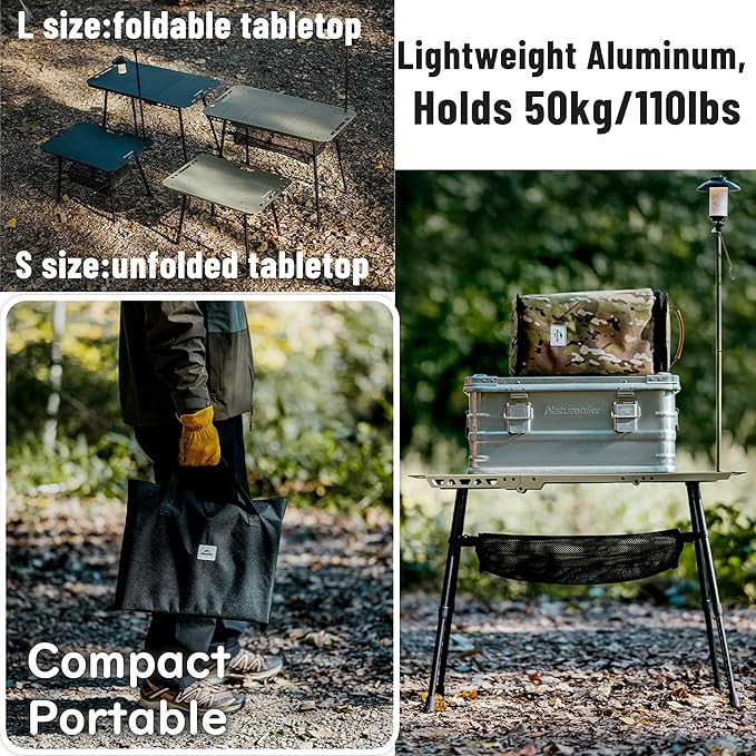 Naturehike Folding Camping Table with Adjustable Height 110lbs Capacity Lightweight Portable Folding Table with Mesh Storage Net &amp Carry Bag for Camping Hiking Beach Picnic Travel (Green L s