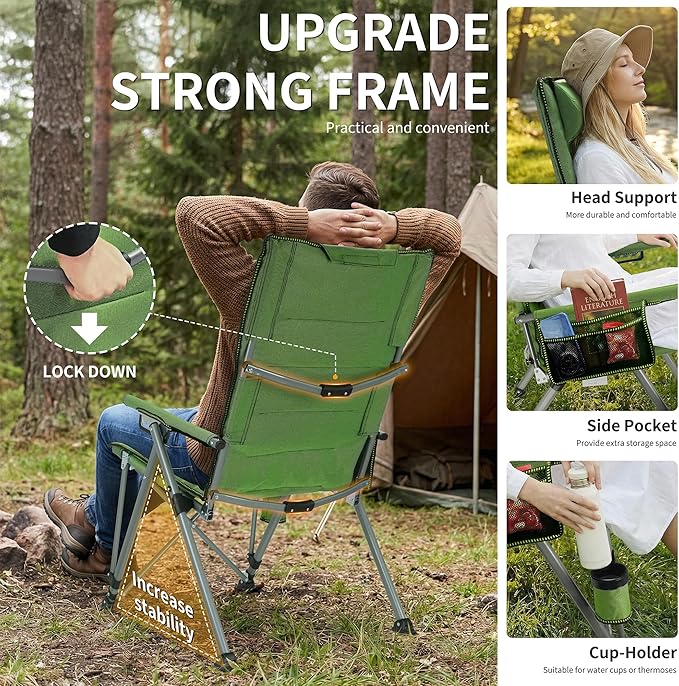 Folding Camping Chair with Cup Holder and Storage Bag Heavy Duty Support 400 LBS Oversized Collapsible Portable Adjustable Back Support Camping Chair for Outdoor (Adjustable-Green)