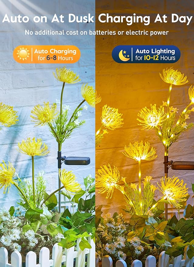Brightown Outdoor Solar Garden Lights - 4 Pack LED Solar Flower Lights with Glowing Flowers &amp Stems More Realistic Bigger Solar Panel Waterproof Solar Lights for Outside Yard Patio Home Yellow