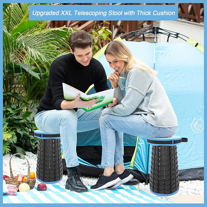 ALEVMOOM Upgraded XXL 19.7 Collapsible Stool with Cushion Heavy Duty Portable Folding Stool Max Load 1000 lbs Retractable Telescoping Foldable Seat Chair for Camping Fishing Travel