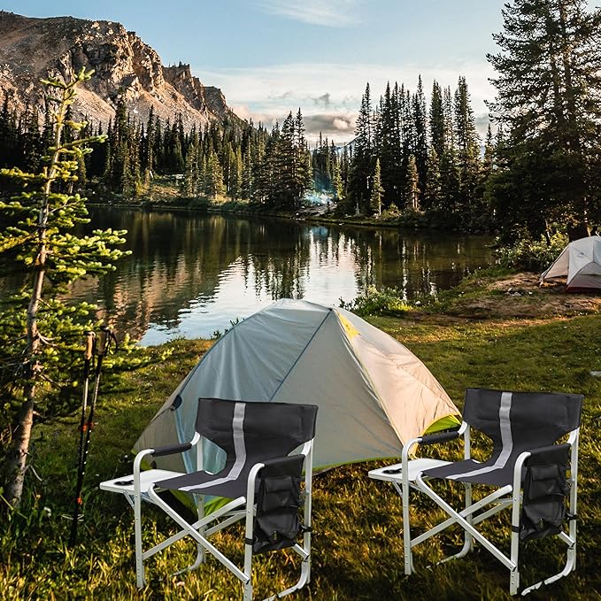 400LBS Heavy Duty Camping Director Chair - Lightweight Aluminum Frame with Foldable Side Table 600D Oxford Seat &amp 3 Storage Pockets Portable for CampingSportsIndoor/Outdoor Adults Use