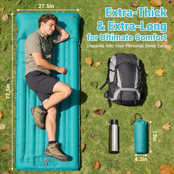 Camping Sleeping Pad 4.7 Inch Thick Inflatable Sleeping Mat with 8 Inch Pillow Built-in Foot Pump Ultralight Compact Self Inflating Sleeping Pad for Backpacking Hiking Travel Tent