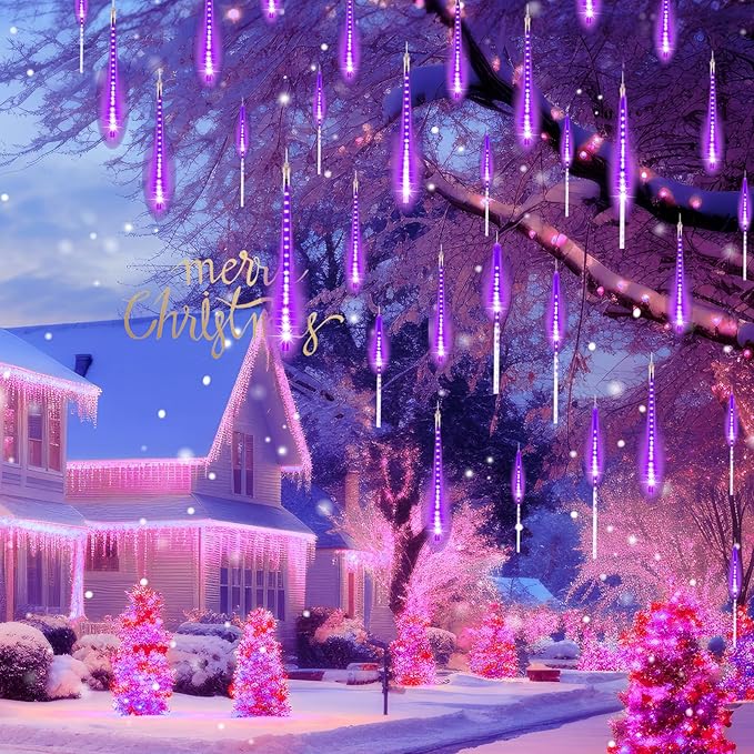 Brightown Christmas Lights Outdoor Meteor Shower Lights Outdoor 16 Inch 10 Tube 360 LED Icicle LightHanging Falling Rain Light for Tree Outside Holiday Xmas Decoration Purple