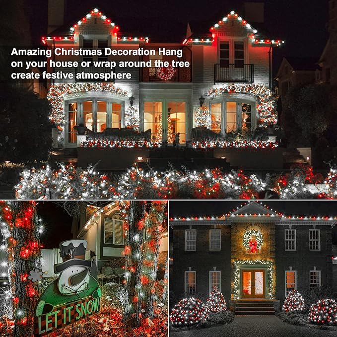 ODEETRONIC Red &amp White Christmas Lights 33ft 100LED Gentle Twinkle Christmas Tree Lights 5mm Wide Angle Mini Light Connectable 120V UL Certified Xmas String Light for Indoor Outdoor Green Wire