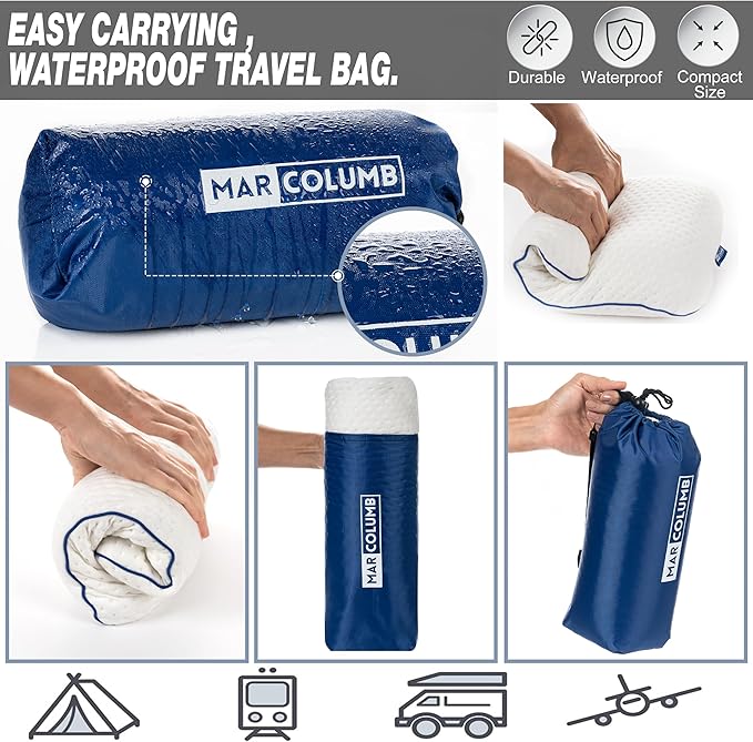 Travel &amp Camping Comfortable Memory Foam Pillow – Easy to Carry Portable Bag – Temperature Regulating Pillow Case - Perfect for Travelling (White)
