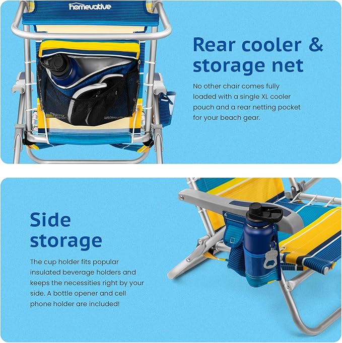Homevative Backpack Fold-Up Beach Chair 5 Positions Towel bar Cooler Storage Pouch Cup Holder and Phone Pocket