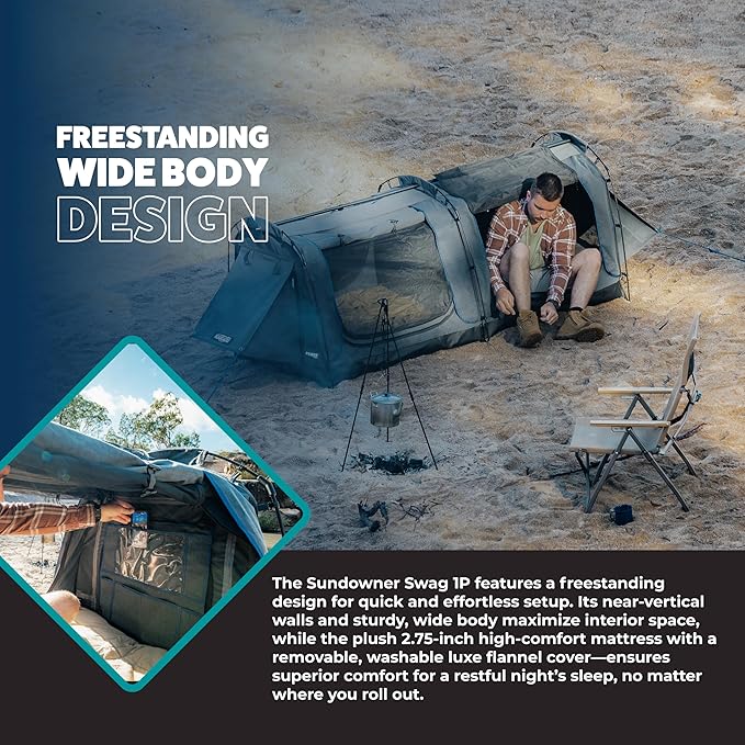 Kakadu Canvas Swag Tent 1 Person Australian Polycotton Camping Ground Tent All Seasons Waterproof with 2.75” Foam Mattress LED Lighting Carry Bag