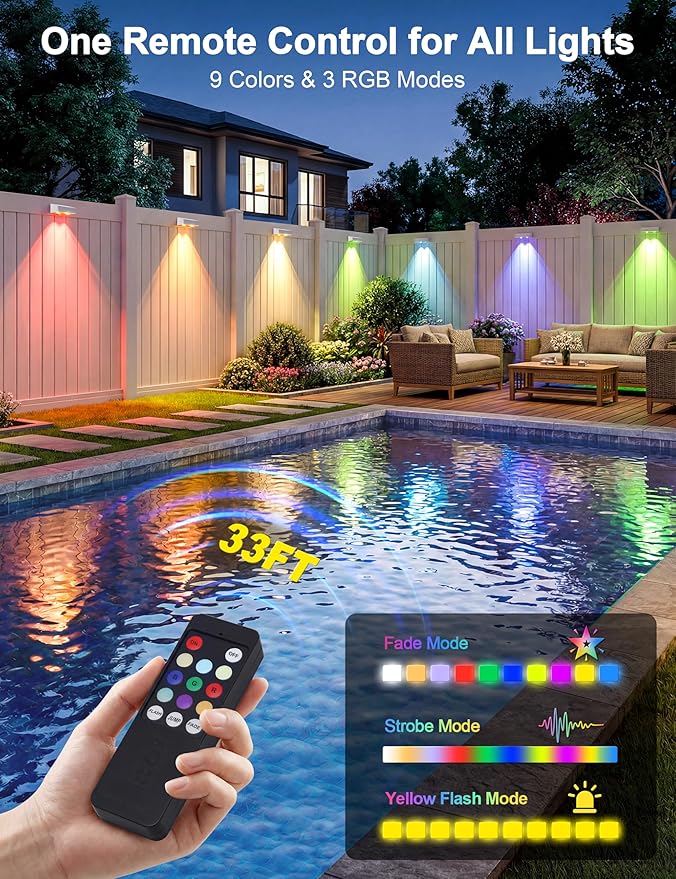 Fence Lights Solar Powered with Remote 9 Fixed Colors ＆ Color Changing White Fence Lights Waterproof IP65 Dusk-to-Dawn LED Deck Lighting for Patio Railing Pool Porch Backyard 12 Pack