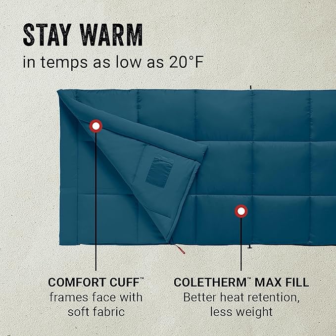 Coleman Kompact Sleeping Bag Indoor/Outdoor Lightweight Sleeping Bag for Adults 20°F/30°F/40°F Options for Camping Hiking Backpacking with Included Compression Sack
