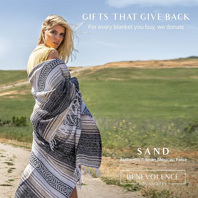Benevolence LA Authentic Handwoven Mexican Blanket | Yoga Blankets Outdoor Picnic Beach Camping | Equestrian Saddle | Serape 50x70 inches - Sand Pack of 1