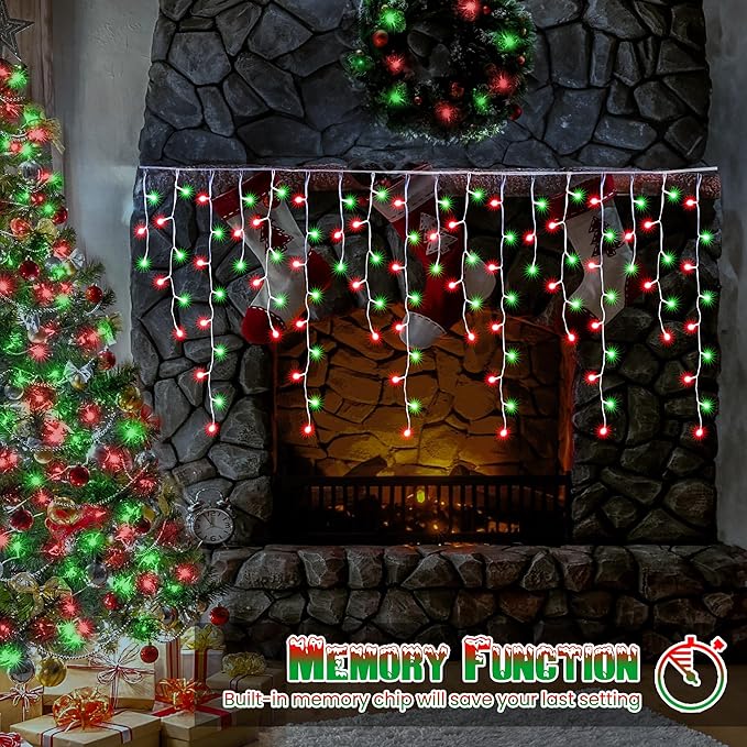 Toodour Red &amp Green Christmas Icicle Lights 29.5ft 360 LED Icicle Lights 8 Modes 60 Drops Window Curtain Led Christmas Light Icicle Twinkle Light for Eaves Party Wedding Xmas Decorations