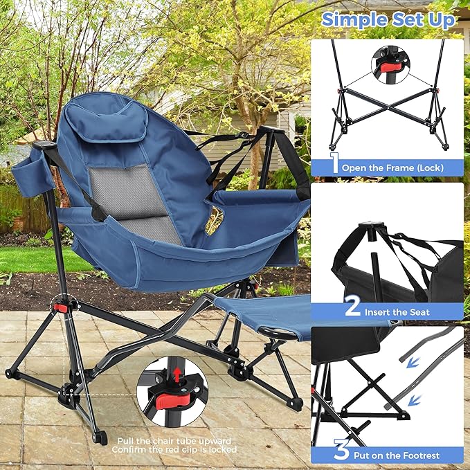 Ainfox Hammock Camping Chair with Footrest Heavy Duty Foldable Portable Rocking Hammock Chairs Outside Swinging Camp with Cup Holder Pillow for Outdoor Patio Poolside Dark Blue 2 Pack