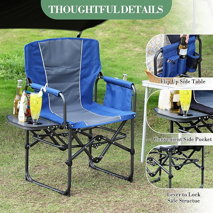 Oversized Camping Directors Chair Portable Folding Lawn Chairs for Adults Heavy Duty with Side Table Outdoor Foldable Camp Chair with Pocket for Beach FishingPicnic (2 Blue/Grey Oversized)