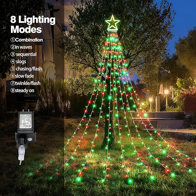 BlcTec Outdoor Christmas Decorations 317 LEDs Christmas Lights with 9 Strands 11.9ft Waterfall Christmas Tree Lights 8 Modes Waterproof Topper Star &amp Timer for Yard Patio Xmas Décor Red Green