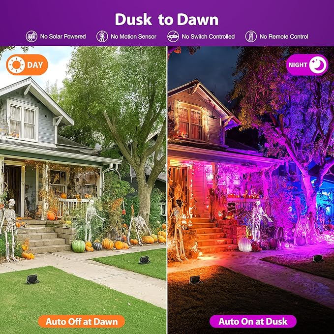 Onforu Orange and Purple Halloween Lights 30W Dusk to Dawn Floodlight 2 Pack LED Flood Light Outdoor Decoration Auto ON/Off Plug in Flood Light IP65 Waterproof Uplighting Uplights for Party Garden