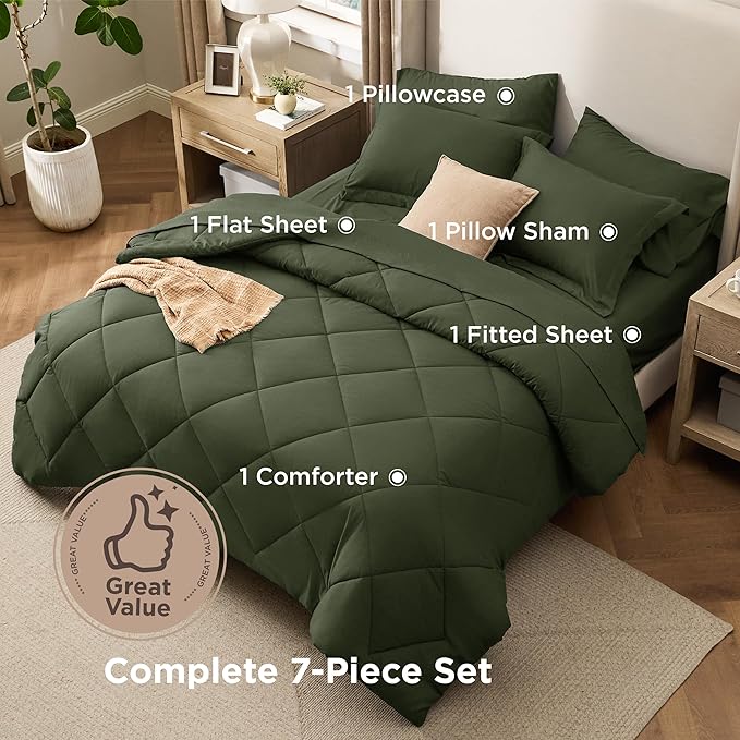 Bedsure 5 Pieces Twin Comforter Set Premium Series Hotel Luxury Soft Bed in a Bag Goose Down Alternative Safe for Sensitive Skin Bedding Comforter All Season Medium Warmth Olive Green Twin Size