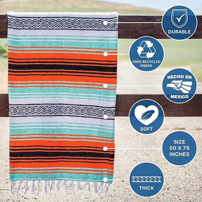 Benevolence LA Authentic Handwoven Mexican Blanket | Yoga Blankets Outdoor Picnic Beach Camping | Equestrian Saddle | Serape 50x70 inches - Bright Mandarin Pack of 1