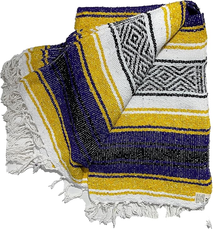 Genuine Oversized Artisan Mexican Falsa Yellow Purple Blanket (72inx48in) -Authentic Handcrafted Yoga Blanket Beach Throw Camping Essential Picnic Mat or Outdoor Wrap