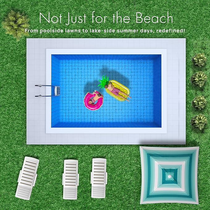 Premium Beach Cabana - Umbrellissimo Aqua Ombre. Includes sand anchor canvas with designer prints &amp fringe finishes sand pockets pegs matching carry bag. Easy set up 6.6'x6.6' of cool UPF50+ s