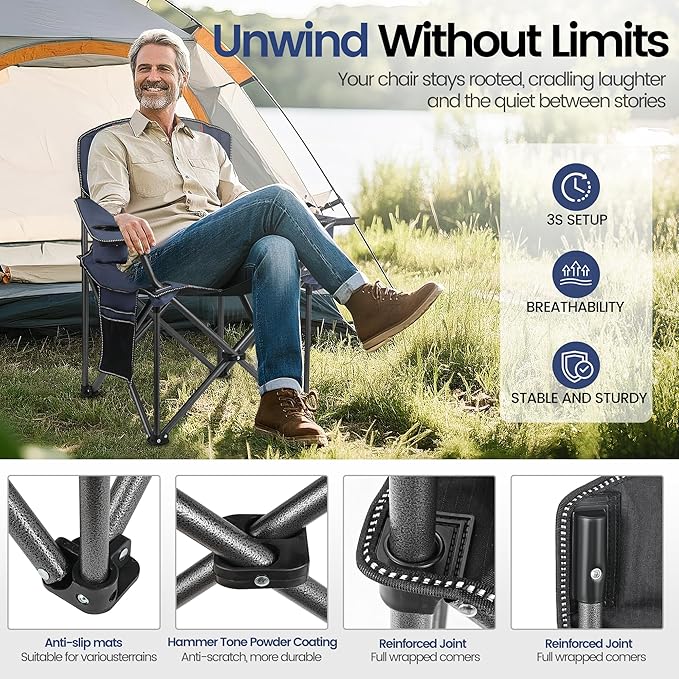 2 Pack Heavy Duty Oversized Camping Chair for Adults 400lbs w/Lumbar Support - Folding Chairs with Side Pocket Cup Holder &amp Cooler Bag for Beach Fishing Lawn Backyard Navy Blue