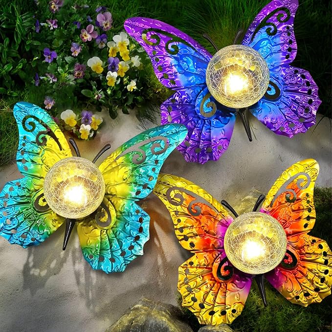 Solar Lights Outdoor Garden Butterfly Decor Metal Butterfly Statue Decoration with LED Crackle Glass Globe Solar Powered Lighted Garden Art Decor for Patio Lawn Yard Pathway Tabletop Ground