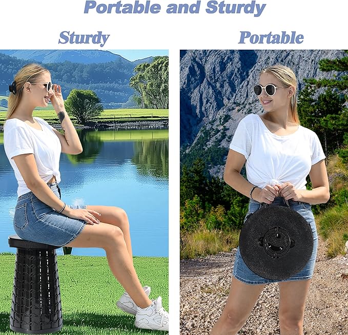 ALEVMOOM XXL Collapsible Stool with Thick CushionTaller 19.7 Wider 11.8 Camping Chair More Sturdy Capacity 1000LBSPortable Telescoping Adjustable Stool for Garden Fishing Hiking BBQ (Large Black)