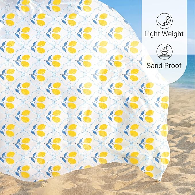 Sunlit Large Beach Blanket Waterproof Sand Proof 81 x106 Sand Free Mat with Corner Pockets and Storage Bag for Travel Beach Camping Outdoor Festival Chic Summer Accent Lemon Lattice