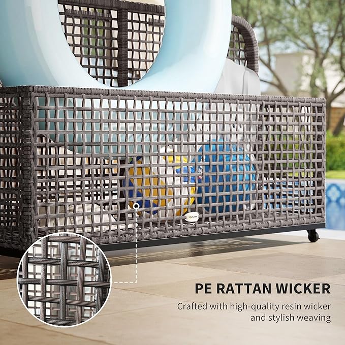 Pool Float Transport Caddy 43.25 Lx22.5 Wx28 H – PE Rattan Basket + Structural Steel FFor rame 4-Wheel Lock System Light Gray
