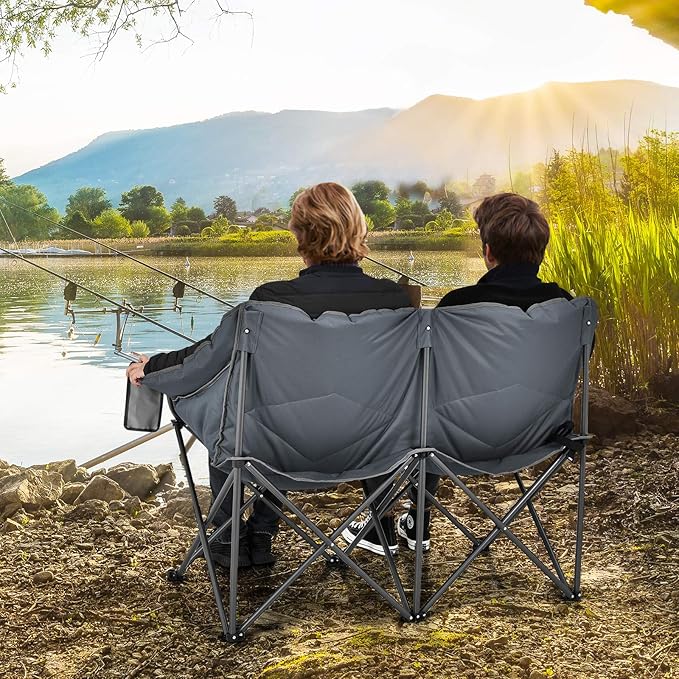Loveseat Camping Chair Double Folding Chair Support 500 LBS Heavy Duty for 2 Adults Oversize Camp Seat with Storage Bags Backrest Padded Wide Camp Seat for Outside Picnic Beach (Grey)