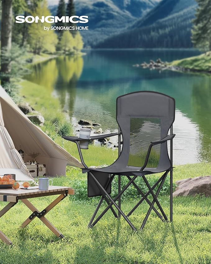 SONGMICS Breathable Camping Chairs Foldable Outdoor Chairs Set of 2 High Back Adjustable Armrests Drink Holder Weight Capacity 330 lb for Sports Garden Backyard Slate Gray UGCB028G01