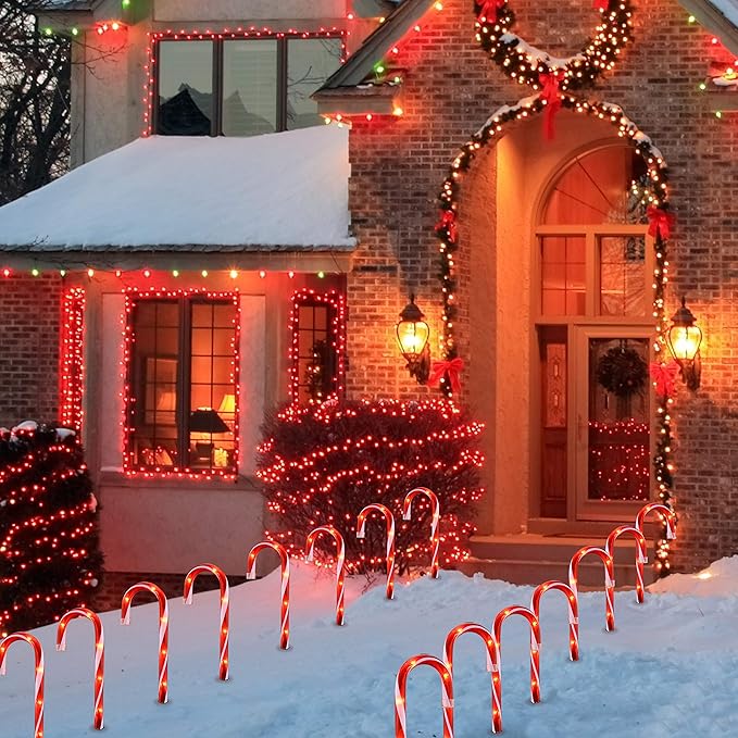Candy Cane Lights - 10 Pack Candy Cane Pathway Lights 10 Christmas Candy Cane Light Red Outdoor Candy Cane Christmas Decor for Walkway Driveway Sidewalk Garden Xmas Path Stake Light Markers