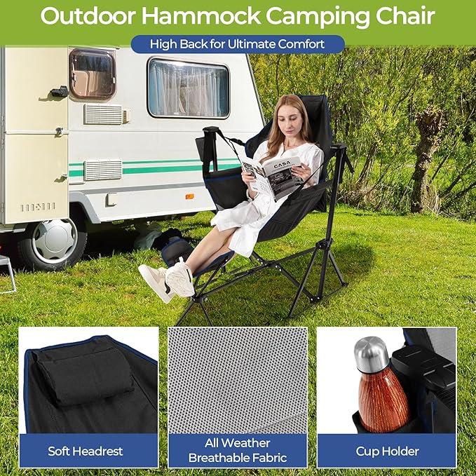 KOTEK Hammock Chair Portable Camping Chair with Retractable Footrest Adjustable Backrest Headrest Cup Holder &amp Carry Bag Folding Rocking Chair for Outdoor Lawn Patio Travel Picnic Fishing (Bl