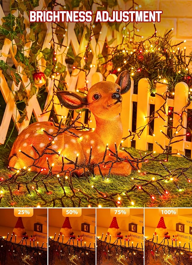 Brightown Christmas Tree Lights Outdoor Cluster Lights - 1000 LED 50 Ft Christmas Firecrackers String Lights 12 Modes Timer Remote Waterproof Plug in Twinkle Lights for Xmas Tree Red ＆ Warm White