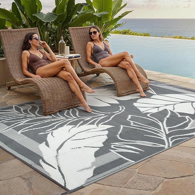 HUGEAR 5'x8' Outdoor Rug Waterproof Plastic Straw Rugs Grey Reversible Olive Leaf Mat Floor Carpet for Camping RV Deck Entryance Porch Picnic Balcony Beach Backyard