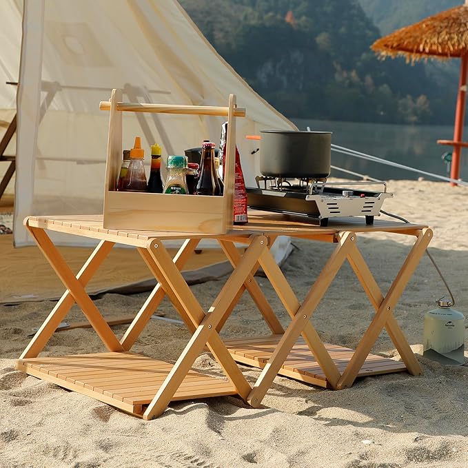 4-Tier Shelf - Transforms into a Camping Table Portable Beechwood Storage Rack for Indoor Outdoor Camping &amp Multi-Purpose Use